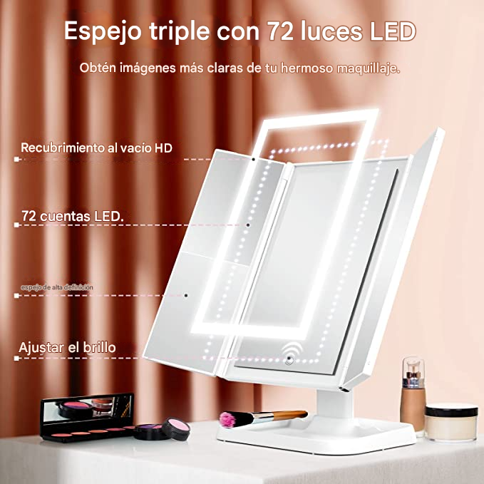 Espejo de Maquillaje LED de 3 Pliegues